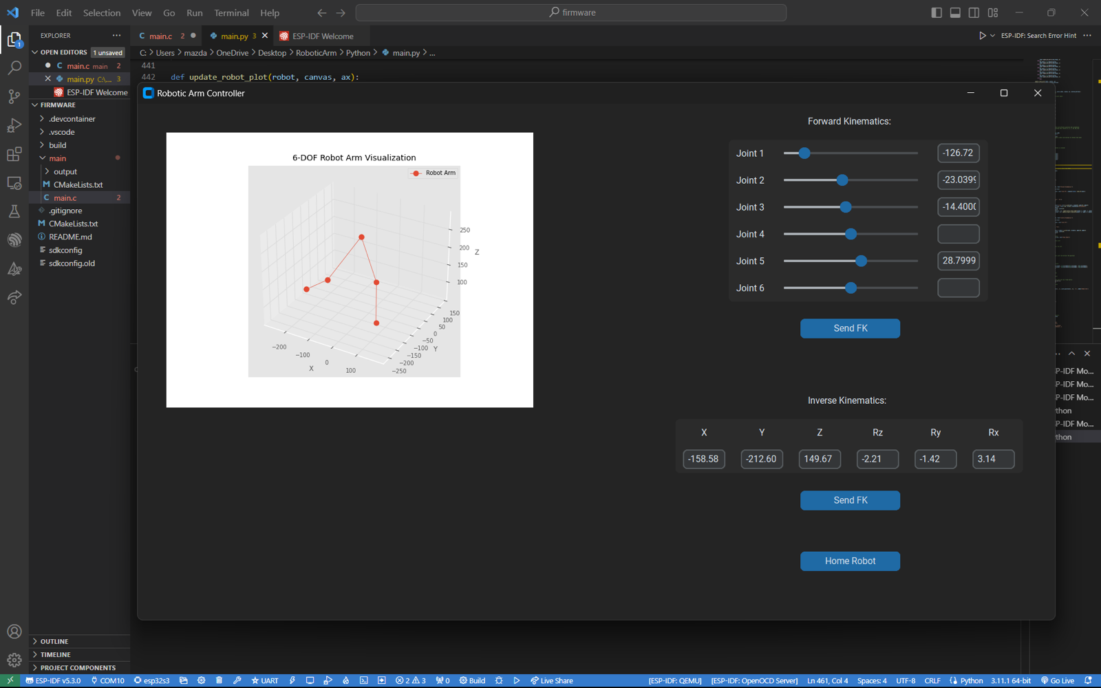 Screenshot of the Python robotic arm controller GUI